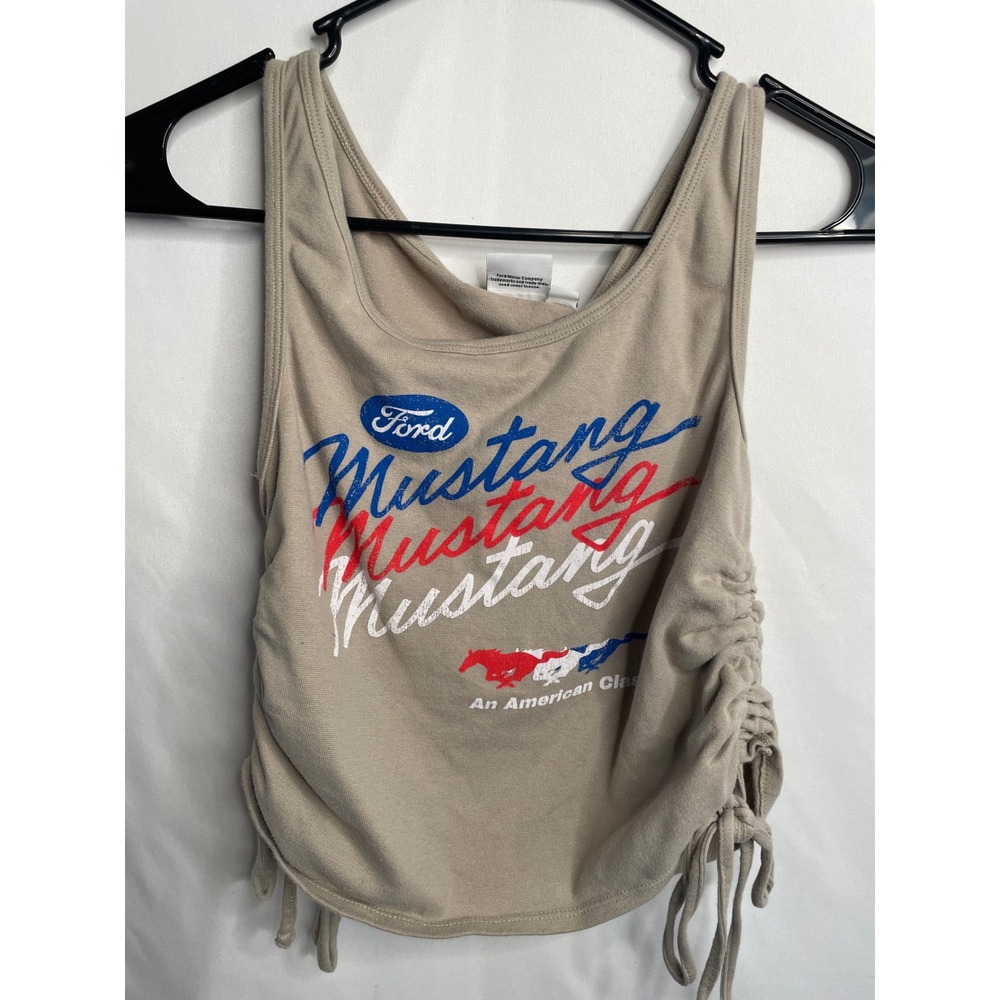 Ford Mustang Graphic Tank Top Tan Ruched Side Cinch Cropped Sleeveless LG